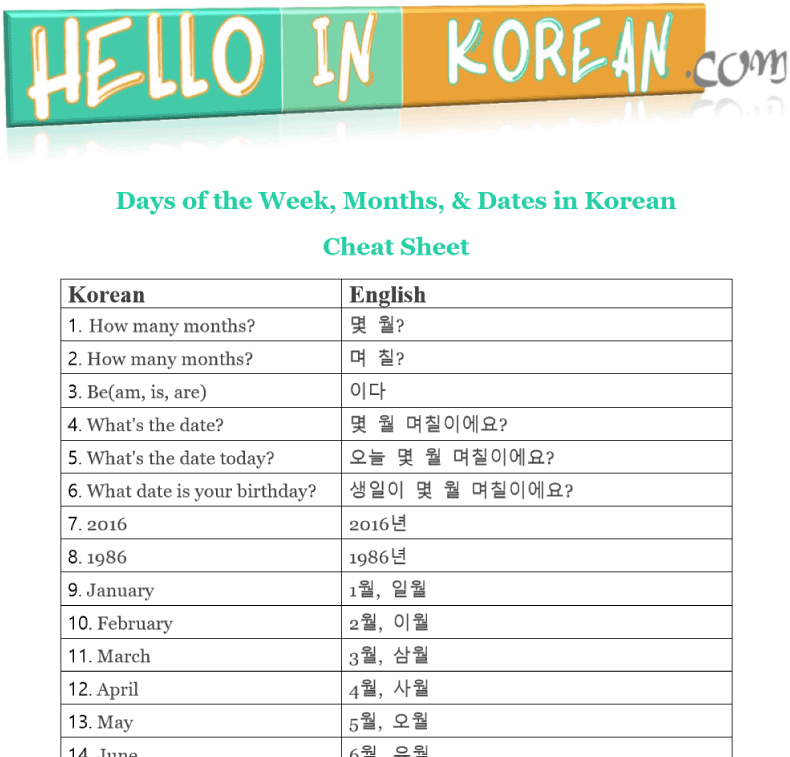 days of the week months dates in korean cheat sheet preview